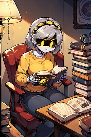 2D, score_9, score_8_up, score_7_up, BREAK, 1girl, solo,sdV, Grey Hair, Yellow Eyes, Robot, Visor, yellow sweater, black jeans, reading a book, sitting in chair, inside apartment, midnight, lamp