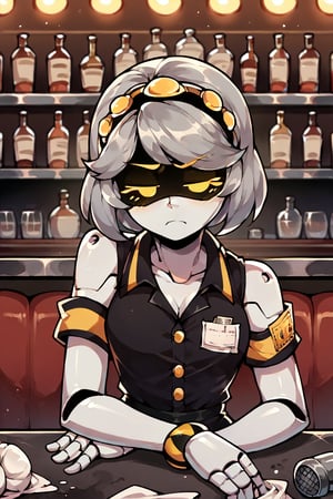 2D, score_9, score_8_up, score_7_up, BREAK, 1girl, solo,sdV, Grey Hair, Yellow Eyes, Robot, Visor, at fancy ball, bartender clothes, wiping down counter, bored