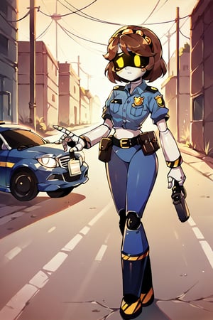 2D, score_9, score_8_up, score_7_up, BREAK, 1girl, solo,sdV, brown Hair, yellow Eyes, Robot, Visor, wearing 1980s police outfit, standing next to police car, coastal road, holding walther PPK