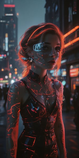 Image: A female bust shot wearing cybernetic suits, headgear, cyber goggles, hidden behind a gas mask, with a mechanical arm surrounded by high-tech machinery and advanced technology in a dystopian cyberpunk world. The setting includes towering skyscrapers, neon-lit alleyways, and a polluted cityscape. The woman has a holographic display with an augmented reality overlay, showcasing her role as a secret worker in a vast cyberpunk metropolis.

Descriptive keywords: Cybernetic, futuristic, dark, gritty, technological, dystopian.

Photographic style: Cinematic and high-resolution with sharp focus and dramatic lighting to emphasize the cyberpunk theme.

Tone: Serious, mysterious, and intense.

Object: Female cyber worker.

Action: Standing in a dynamic action pose, looking towards the viewer with determination and purpose.,n30nfilm,BNR STYLE