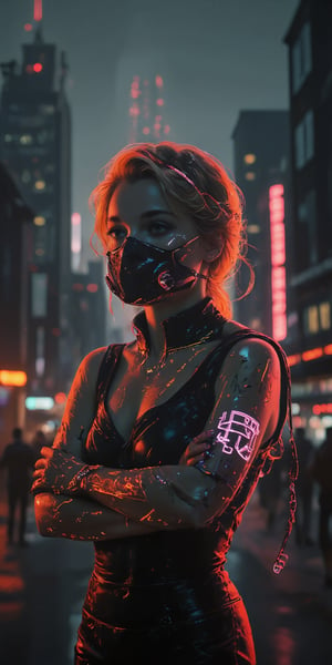 In this cinematic shot, a female cyber worker stands confidently, her cybernetic suit glistening under neon-lit alleyways. Her face is obscured by a gas mask, cyber goggles, and headgear, exuding an air of mystery. A mechanical arm extends from her shoulder, surrounded by high-tech machinery. In the background, towering skyscrapers pierce the dark dystopian sky, while pollution hovers heavy in the atmosphere. A holographic display on her wrist showcases her augmented reality overlay, revealing her role as a secret worker in this cyberpunk metropolis. The sharp focus and dramatic lighting emphasize the gritty, technological landscape, capturing the intensity of her determination to succeed.