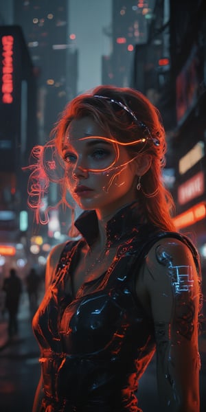 Image: A female bust shot wearing cybernetic suits, headgear, cyber goggles, hidden behind a gas mask, with a mechanical arm surrounded by high-tech machinery and advanced technology in a dystopian cyberpunk world. The setting includes towering skyscrapers, neon-lit alleyways, and a polluted cityscape. The woman has a holographic display with an augmented reality overlay, showcasing her role as a secret worker in a vast cyberpunk metropolis.

Descriptive keywords: Cybernetic, futuristic, dark, gritty, technological, dystopian.

Photographic style: Cinematic and high-resolution with sharp focus and dramatic lighting to emphasize the cyberpunk theme.

Tone: Serious, mysterious, and intense.

Object: Female cyber worker.

Action: Standing in a dynamic action pose, looking towards the viewer with determination and purpose.,n30nfilm,BNR STYLE