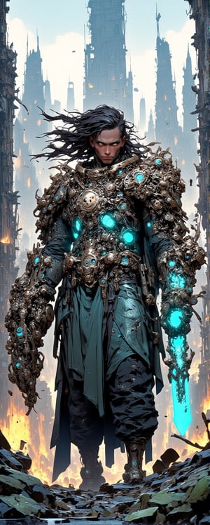 In a ravaged metropolis, where steel giants lie shattered, a post-apocalyptic warrior emerges. Mythp0rt's messy long blur  locks with black undertones whip in the wind as they stand victorious, rugged tactical gear adorning their torso, armored shoulder pads reinforced by scrap metal and scavenged tech. In hand, a massive GLAM SWORD glows with energy, illuminating the desolate landscape overrun by nature. Shadows of crumbling skyscrapers stretch across the abstract background, fading into the distance like the memories of a forgotten world. (8K High Resolution),niji style