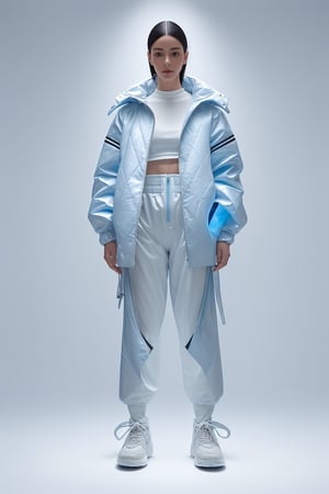 A female model standing, wearing a prototype of a knee-length light blue anorak made from synthetic waterproof material. The background of the image is white. The anorak features quilted sections and is made of light blue plasticized fabric, giving it a futuristic and elegant design. The jacket is fitted at the waist, emphasizing a feminine silhouette. The coat is slightly open from the waist to the bottom. The fabric combines quilted panels with plastic finishes, creating a luxurious yet functional look. Under the plasticized coat, the model is wearing white tracksuit pants with two black vertical stripes. The pants feature two zippers on the sides that run from the knee to the bottom of the pants. At the bottom, the zipper opens slightly to reveal white sneakers with shiny elements and a toe cap that displays a blue light. The lighting highlights the texture and shine of the plastic of the anorak, making the coat the focal point.