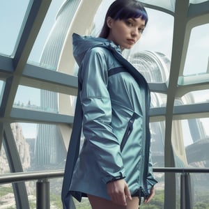 An ultra-modern city with futuristic architecture, featuring sleek, white, high-rise buildings with integrated greenery and advanced transportation systems. In the foreground, a female model stands confidently wearing a high-tech, knee-length anorak made from light blue plasticized fabric, with padded, quilted sections and subtle LED lighting along the edges. The anorak reflects the sleek, futuristic surroundings, embodying innovation and technology. The model is placed in a contrasting, extreme natural environment — a majestic waterfall canyon with sharp, rocky cliffs and lush green trees. This highlights the anorak’s versatility and resilience. The scene showcases the brand’s values of innovation, sustainability, and cutting-edge design, as the model transitions seamlessly between urban and extreme environments. The lighting highlights the shine of the fabric and LED features of the anorak, making the jacket the focal point. The background includes both urban elements from a futuristic city and natural landscapes with flowing water and dramatic cliffs.