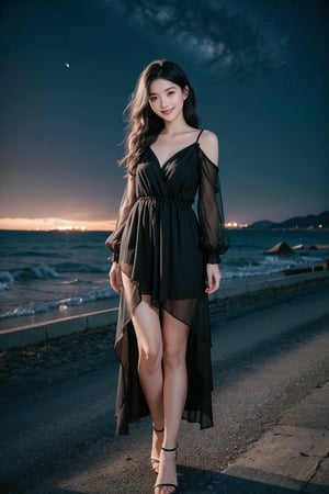 girl, Black dress, gray eyes, medium wavy hair, medium chest, Black hair, against the night sky, summer night, portrait, serenity, innocence, dreaminess, dark exposure, bright colors,dark tones, Clouds,full body, smiling,, 