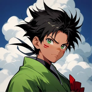 



Create a high-definition, detailed image of a young man resembling Mugen from Samurai Champloo. He has spiky black hair, tanned skin, and sharp eyes with a confident and mischievous expression. He is wearing a red and green outfit with a green strap over his shoulder. The background features a clear blue sky with a few white clouds, adding a sense of openness and freedom. The style should be anime-inspired, capturing the character's unique hairstyle, facial features, and confident demeanor, characteristic of Mugen from Samurai Champloo.






