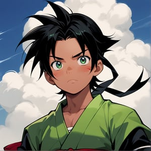 



Create a high-definition, detailed image of a young man resembling Mugen from Samurai Champloo. He has spiky black hair, tanned skin, and sharp eyes with a confident and mischievous expression. He is wearing a red and green outfit with a green strap over his shoulder. The background features a clear blue sky with a few white clouds, adding a sense of openness and freedom. The style should be anime-inspired, capturing the character's unique hairstyle, facial features, and confident demeanor, characteristic of Mugen from Samurai Champloo.






