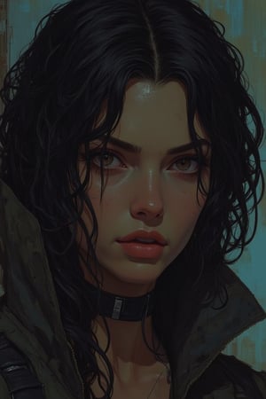 Close-up concept art of a woman with black hair, Ar89 style. Dramatic lighting highlights her features, with a soft focus on her eyes. The composition is centered, capturing her intense expression. The background is a blurred, abstract swirl of colors, emphasizing her presence.