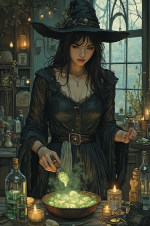 A mystical scene in Yuko Shimizu's art style, featuring a witch wearing black, creating a magic potion. The framing captures her from the waist up, with her focused expression and the bubbling potion prominently displayed. The lighting is soft and ethereal, highlighting the intricate details of her attire and the magical atmosphere. The composition is centered on her, with her hands stirring the potion and the surrounding elements of her craft creating a sense of enchantment and mystery. The location is a dimly lit, mystical workshop, with the witch's presence and her magical potion adding to the captivating scene.