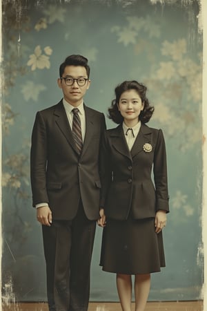 A photorealistic, full-body portrait in 1950s Polaroid style, featuring a Hong Kong couple in business attire against a grey-blue background. The vintage photography style and old photo paper texture create a high-resolution image. The man is dressed in a suit and tie, while the woman has medium-length curly hair, a business suit, and a matching brooch on her lapel. They stand side by side, facing the camera with slight smiles. The professional studio lighting is just right, enhancing the classic tones and vintage accessories, giving the photo a faded old feel.