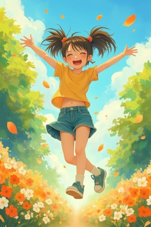 Flat anime Niji style, a happy girl with a bright smile, medium shot, the girl jumping with joy, soft, warm lighting, in a cheerful, sunny park, vibrant colors, dynamic pose, hands raised, surrounded by blooming flowers, joyful and lively composition.