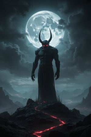 Wide shot of a demonic figure standing on a desolate hill under a full moon. The figure has glowing red eyes and jagged, dark horns, its shadowy form towering over the landscape. The full moon casts a bright, eerie glow on the scene, illuminating the figure's menacing pose. The sky is clear, with a few wisps of dark clouds swirling around the moon. The composition emphasizes the vast, desolate hill and the figure's dominance under the full moon. The lighting is dramatic, with sharp contrasts between the bright moon and the dark, shadowy figure.