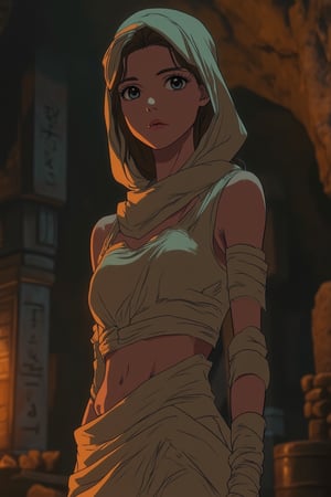 vibrant Moe anime scene of a beautiful woman with large, glossy eyes, dressed as a mummy in an ancient Egyptian style. She stands in a dimly lit cave, surrounded by hieroglyphics and ancient artifacts. The scene is framed mid-shot, capturing her mysterious expression and the soft, warm lighting that highlights her mummy attire. The background is a dark, eerie cave with intricate details, creating a mystical and intriguing atmosphere. Her pose and the setting evoke a sense of ancient mystery and allure.