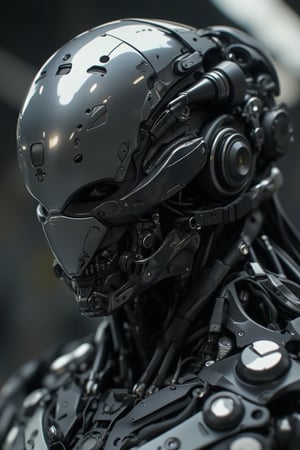 A close-up shot of a matte polycarbonate surface reflecting a sleek, steel cyborg. The cyborg's metallic body is detailed with intricate steel components, blending seamlessly with the reflective material. The lighting is sharp and industrial, highlighting the metallic elements and casting dynamic shadows. The composition is centered, focusing on the cyborg's advanced technology and the smooth, reflective surface.