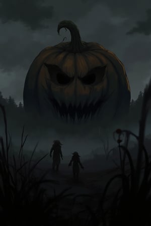 A J-horror anime scene featuring a giant, gigantic, scary pumpkin creature looming ominously in the background. The pumpkin creature has a twisted, unsettling expression, with hollow eyes and a jagged, menacing grin. The scene is set in a dark, foggy field, with the pumpkin creature casting eerie shadows. The composition is centered on the pumpkin creature, with the background slightly blurred, emphasizing its creepy presence. The atmosphere is tense and foreboding, with a sense of impending doom.