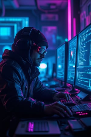 A skilled hacker sits at a dimly lit table in a secret, high-tech room, surrounded by neon lights and holographic displays. The hacker, dressed in a sleek cyberpunk outfit with glowing accents, is intensely focused on a futuristic PC with multiple screens. The scene is framed in a close-up, capturing the intricate details of the equipment and the hacker's determined expression. The lighting is a mix of cool blues and vibrant purples, emphasizing the clandestine atmosphere.