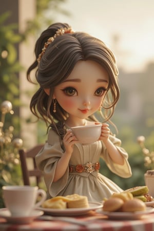 A whimsical depiction of a carefree woman sipping tea from a delicate cup amidst a serene outdoor setting on a windy morning. She sits comfortably at a rustic wooden table, her flowing dress billowing gently in the breeze as she gazes with a playful expression. Soft natural light highlights the intricate details of her attire and captures the tranquility of the scene, where a centered composition showcases her breakfast spread and tea cup, inviting the viewer to join her in this charming morning moment.