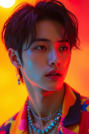 Cinematic warm lighting, close-up shot of a Korean man dressed in K-pop idol style clothing. The composition is centered, capturing his vibrant and trendy outfit, complete with bold patterns and accessories. His expression is confident and charismatic, with perfect makeup and styled hair. The background is softly blurred, focusing attention on his dynamic presence and the intricate details of his attire.