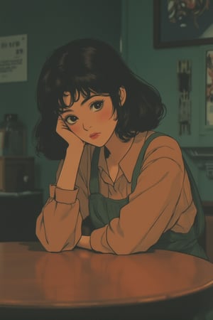 An anime woman with muted retro colors, leaning her head gently on a wooden table. The scene is softly lit with warm tones, creating a nostalgic atmosphere. The composition centers on her serene expression, with a focus on her delicate features and the subtle details of her outfit. The background is minimal, enhancing the intimate and contemplative mood.