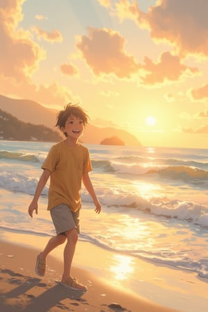 A boy walking along a serene beach, smiling and radiating happiness. The scene is bathed in the soft, golden light of a setting sun, with gentle waves lapping at the shore. The composition frames the boy in the foreground, with the vast ocean and sky stretching into the distance, capturing the peaceful and joyful atmosphere, reminiscent of Makoto Shinkai's style.