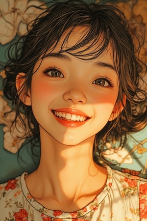 A close-up portrait in Yuko Shimizu's art style, featuring a girl with a happy smile on her face. The framing captures her expressive eyes and radiant grin, highlighting her joyful expression. The lighting is soft and warm, accentuating her delicate features and the warmth of her smile. The composition is centered on her face, with her relaxed and contented pose creating a sense of intimacy and happiness. The background is subtly blurred, drawing attention to the girl's vibrant personality and her endearing smile.