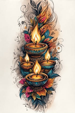 A colorized tattoo art style image featuring Diwali diyas, intricately detailed with vibrant colors and patterns. The diyas are arranged in a festive manner, with flames flickering and creating a warm, inviting glow. The composition is dynamic, with the diyas placed in a circular or linear pattern, symbolizing the celebration of Diwali. The lighting is soft and warm, highlighting the intricate designs and the festive atmosphere. The subject's body is tensed, showcasing the bold and detailed tattoo.