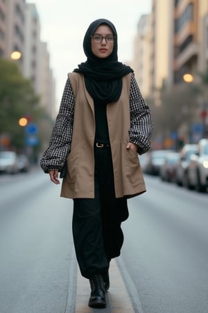 A 25-year-old lady, wearing a plain black hijab, checkered loose long sleeves, stylish cotton plain vest, glasses, and boot shoes, walking on a road in a city, medium shot, urban environment with buildings and streetlights, soft natural lighting, composition focused on her casual yet chic outfit and confident stride, dynamic and modern atmosphere.