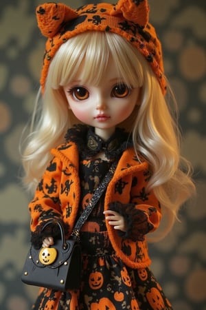 A cute doll with a cheeky face, wearing a Halloween-themed outfit featuring pumpkin patterns. She holds a spooky Halloween handbag. The doll is framed in a mid-shot, capturing her playful expression and the details of her festive attire. Soft, warm lighting highlights the vibrant colors and Halloween elements of her outfit. The composition centers on the doll, with a slight tilt to add a dynamic feel. The background is a subtle, muted pattern to keep the focus on the doll's charming Halloween theme.