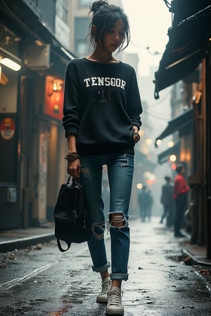 Yoji Shinkawa art style, a woman wearing a sweater with TENSOR ART written on it, sneakers, denim jeans, and holding a backpack, intricate ink lines and metallic textures, dynamic shadows, woman with a casual pose, street with urban elements, soft ambient lighting, mid-shot capturing her and the urban environment, atmospheric and moody composition.