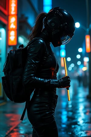 Yoji Shinkawa art style, a woman holding a backpack, walking at night with a fully helmet visor, grabbing a glow stick, intricate ink lines and metallic textures, dramatic shadows, woman in a sleek outfit, glow stick emitting neon light, night street with urban elements, soft ambient lighting, mid-shot capturing her movement and the glowing stick, atmospheric and moody composition.