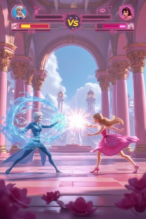 A dynamic fighting game UI for PC, featuring a large VS fight on screen with Elsa and Barbie in a high-stakes battle at the pink palace from Barbie's world. Elsa, in her ice queen attire, summons an icy storm, while Barbie, in her iconic pink dress, uses her agility and grace. The palace's pink and pastel decor, with elegant columns and fountains, provides a whimsical backdrop. The UI includes health bars, special move indicators, and a timer, all set against a vibrant, fairy-tale background. The composition captures the magical clash, with both characters mid-action, surrounded by sparkling effects and elegant decor.