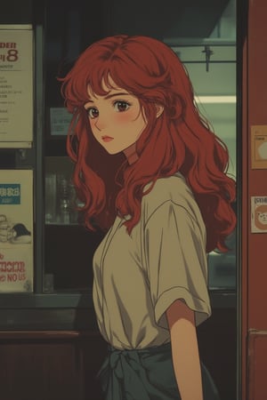 An anime scene with muted retro colors, featuring a woman with red, wavy hair and a dull expression. She stands with a relaxed posture, her hair flowing naturally. The soft, warm lighting casts a nostalgic glow, emphasizing her subdued mood. The composition captures her introspective demeanor, with subtle details of her attire and the surrounding environment adding to the retro charm. The muted palette enhances the scene's contemplative atmosphere.