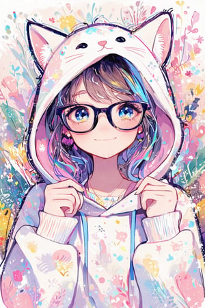 Cheeky girl in a kitty hoodie, holding glasses, posing cutely in a playful doodle art style. Bright, whimsical lighting with a hand-drawn, whimsical background. The composition is centered, with the girl's expression and pose capturing attention. The scene is vibrant and full of energy, reflecting the fun and lighthearted nature of the installation.