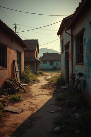 A cinematic wide shot of a rusty rooftop with an old house in the background, a worn-out pathway leading towards it, and an abandoned old bicycle leaning against a wall. The scene is bathed in golden hour light, casting long shadows and highlighting the textures of the weathered materials. The composition emphasizes the passage of time and the quiet, forgotten atmosphere of the location.