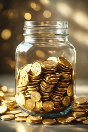 A Midjourney Raw Image Style of a clear jar filled with gold coins, symbolizing savings and investment potential in gold. The jar is centered, with the gold coins stacked neatly inside, reflecting the value and allure of gold. Soft, warm lighting enhances the metallic sheen of the coins. The background is clean and uncluttered, focusing attention on the jar and its contents. The composition is sleek and modern, capturing the essence of wealth and financial security.