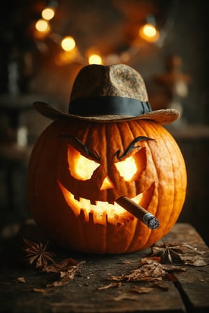 A Midjourney Raw Image Style of a gangster Halloween pumpkin, captured in 4K resolution. The pumpkin is centered, with a carved face featuring a fedora, cigar, and a menacing expression. Soft, warm lighting enhances the carved details, creating a playful yet intimidating atmosphere. The background is slightly blurred, focusing attention on the pumpkin's unique design. The composition is clean and vibrant, perfect for showcasing the pumpkin's Halloween spirit and gangster flair.