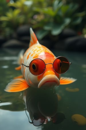 A big koi fish wearing round-shaped sunglasses, swimming gracefully in a tranquil pond, the shot framed from a low angle to capture the fish's movement, soft natural lighting, the composition centered on the koi fish with the sunglasses reflecting a serene garden background, creating a whimsical and peaceful atmosphere.