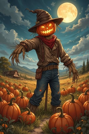 vibrant Konami art style illustration of a scarecrow standing amidst a field of pumpkins, celebrating Halloween. The scarecrow wears a tattered hat and old clothes, with a pumpkin head featuring a mischievous grin. The scene is set in a rural landscape, with a full moon casting an eerie glow over the field. The scarecrow is animated, with one arm raised in a playful wave. Soft, warm lighting highlights the scarecrow's rustic details and the festive atmosphere. The composition is dynamic, with the scarecrow slightly off-center, capturing the charm and spookiness of Halloween.