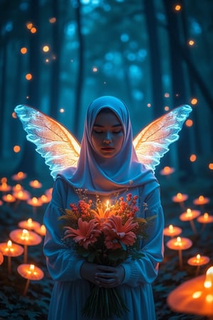 Half medium shot of a beautiful Malay woman wearing a glowing hijab and glowing wings, holding a bouquet of flowers. She stands in a magical forest with glowing mushrooms and fireflies, creating a mystical ambiance. The composition emphasizes her serene expression and the enchanting surroundings.