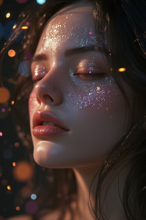 3D CG rendering of a close-up shot of a woman's face with flowy hair, glitter effects on her face, soft lighting, detailed facial features, and a serene expression, set against a dark, ethereal background.