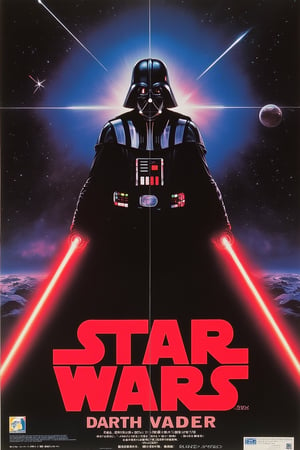 1986 Japanese anime movie poster featuring STAR WARS, the iconic character Darth Vader. The poster showcases a dynamic mid-shot of Darth Vader, with dramatic lighting highlighting his imposing figure and the ominous glow of his lightsaber. The composition emphasizes Vader's powerful presence and the dark, intense atmosphere of the scene. The background features a galaxy filled with stars and distant planets, adding depth and context to the epic setting. The text is boldly placed, blending with the energetic atmosphere of the scene. The overall design captures the essence of the Star Wars universe.