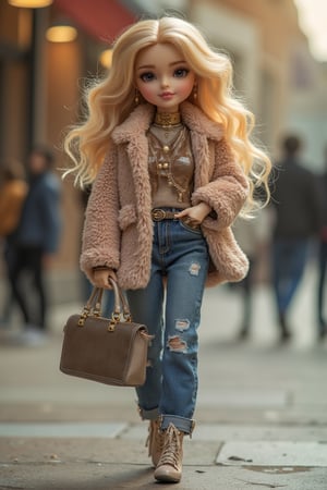 A cute doll with blonde hair styled in playful curls, wearing a cozy fur jacket over cute denims. She holds a stylish handbag and stands confidently in nice heels. The scene is framed in a mid-shot, capturing her full outfit and accessories. Soft, warm lighting highlights her playful expression and fashionable attire. The background is a chic urban setting, with a slight tilt to add a dynamic feel.