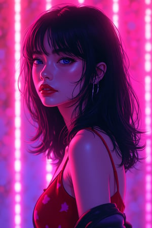 Full-body shot of a young woman from the side, with black hair, red lips, and blue eyes. The background is filled with pink and purple laser lights. The scene is depicted in comic art style, capturing the whimsical and surreal essence of the Niji art style.