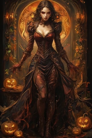 A captivating Art Nouveau portrait in the style of Alphons Mucha, featuring a vampire woman with sharp fang teeth and a bloody, ornate gown. She stands in a Halloween-themed setting, surrounded by glowing pumpkins, autumn leaves, and other festive decor. Her expression is both alluring and mysterious, with her hair styled in elegant waves. The lighting is soft and eerie, casting a gentle glow on her face and the mystical decor. The composition centers on her enigmatic figure, with the Halloween elements framing her beautifully.,Vampire Spawn (Curse Of Strahd)