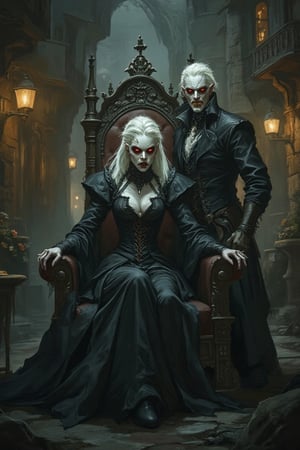 A Vampire Spawn from Curse of Strahd sits regally on a majestic chair, with another male vampire standing beside her. They are surrounded by Halloween decorations. She has pale skin, glowing red eyes, and sharp fangs, while the male vampire exudes a similar menacing aura. The scene is dimly lit by flickering street lamps, casting long shadows. They are framed in a mid-shot, their expressions fierce and predatory. The background features fog, gothic architecture, and numerous Halloween decorations, enhancing the eerie atmosphere.