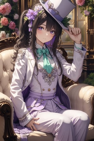 A very beautiful and elegant Japanese girl from Nogizaka46 sits cross-legged on a rococo couch, holding a top hat with a mint green and purple flower corsage. The background is filled with beautiful flowers. She wears a white and light purple gorgeous embroidered frilly tie and a matching embroidered suit jacket with pants style. A beautiful flower corsage decorates her collar. The scene is set in a shooting studio with an oblique composition. --ar 4:5 --quality 2 --style raw --stylize 250 --v 6.1