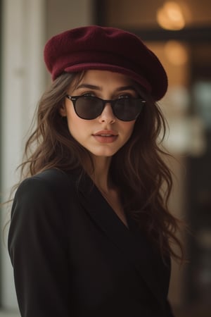 A stylish and elegant close-up photo of the most beautiful woman wearing a burgundy beret and black sunglasses, perfect for an Instagram profile picture. The scene is bathed in soft, natural light, with subtle shadows enhancing her features. The woman stands with a confident posture, her expression serene yet captivating. The composition is framed to highlight her chic attire and striking appearance, capturing her beauty and style for a visually appealing profile picture.