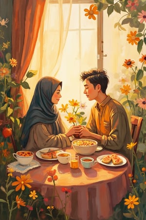 A Tove Jansson-inspired illustration of a Malay woman wearing a hijab and a loose cloth abaya, sitting with a Malay man at a breakfast table in the morning. The soft, warm light of dawn highlights their relaxed expressions and the intricate details of their traditional attire. The composition is intimate, with the couple seated close, sharing a meal. The background features a cozy, homey setting, creating a harmonious and serene atmosphere.