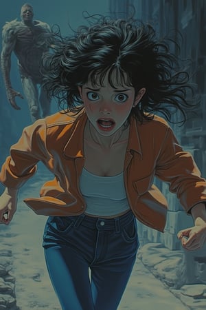 A tense and dynamic scene blending Akira and Hirō styles, featuring a worried woman running from a monster. The composition captures her frantic expression, with detailed facial features and sharp lines defining her fear. The lighting is dramatic, casting shadows that emphasize her panic. The background showcases the monster in pursuit, with the woman's running motion creating a high-energy and suspenseful scene.